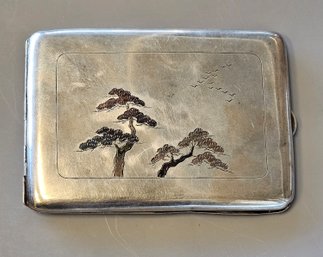 Japanese Mokume Gane Cigarette Case 950 Silver Mixed Metal Inlay Of Woodland Scene With Birds