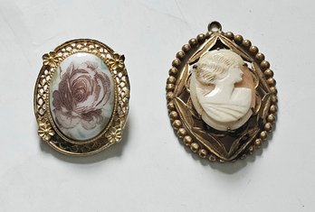 Carved Cameo Pendant And Porcelain Floral Brooch