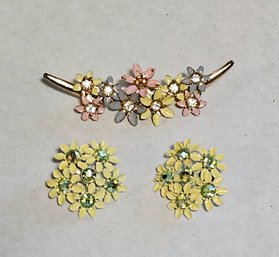 Vintage Enamel Flower Brooch And Clip Earrings