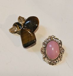 Tiger Eye And Pink Cabochon Gold Tone Brooches