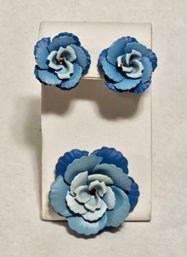 Vintage Blue Metal Camellia Flower Earrings And Brooch