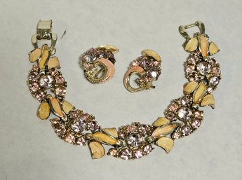 Midcentury Enameled And Rhinestone Pastel Bracelet And Earrings