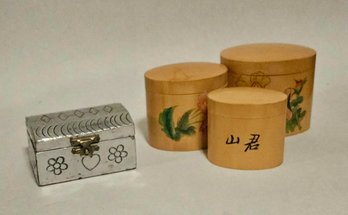 Handpainted Nesting Chinese Bamboo Boxes And Metal Plated Trinket Box Treasure Chest