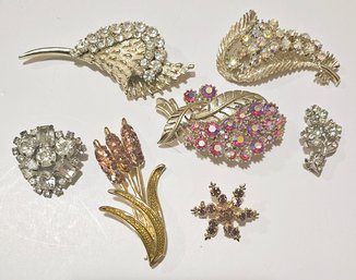 Vintage Rhinestone And Aurora Borealis Brooches Including Signed