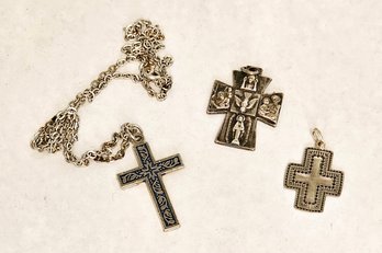 Vintage Cross Pendants And St. Thomas Medallion, One Sterling Silver