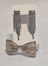Classic Rhinestone Waterfall Pierced Earrings And Mesh Bow Bracelet