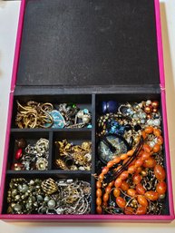 Pink Dresser Box Full Of Vintage Estate Jewelry