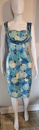 1950s 1960s Blue Floral Wiggle Dress With Bust Accemt