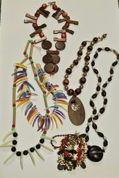 Vintage Tribal Style Wood, Shell Necklaces And Bracelet