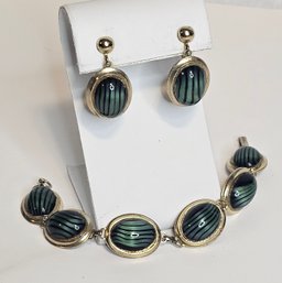 Vintage Green Striped Glass Cabochon Earrings And Bracelet Set