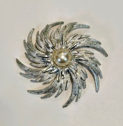 Vintage Sarah Coventry 3 Inch Silver Tone And Faux Pearl Statement Brooch