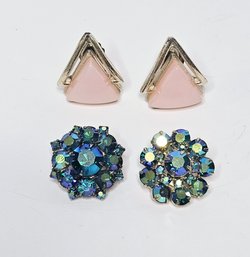 Midcentury Blue Aurora Borealis And Pink Clip Earrings