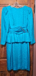 1980s Richard Warren Teal Peplum Silk Dress Size 4