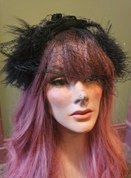 Vintage Black Velvet Headband With Feather Accents