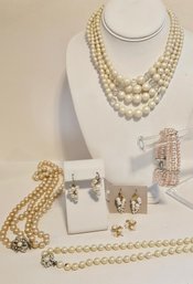 Vintage Faux Pearls Including Napier All Pierced Earrings, Necklaces, Bracelet