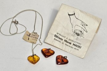 Vintage Made In Poland Baltic Amber Heart Charms And Chain