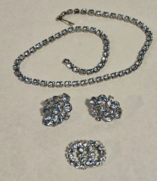 Vintage Blue Rhinestone Beauties Including GALE Signed Earrings, Necklace, And Brooch