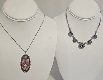 Vintage Rose And Floral Silvertone Necklaces