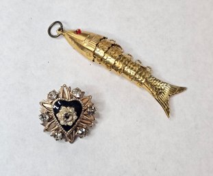 Vintage Gold Tone Articulated Fish Pendant And Rhinestone And Seed Pearl Brooch