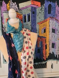 Four Vintage Scarves Including Blue Harlequin