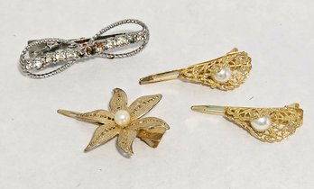 Midcentury Gold And Silver Tone Hair Barrettes