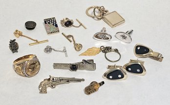 Vintage Men's Dresser Grouping Incl Jack Daniel's Pin Back, Tie Clips, Cuff Links And More