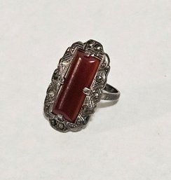 Vintage Sterling Silver Marquisite And Carnelian Ring Size 6.25