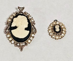 Vintage Cameo Brooch Pendant And Pendant With Rhinestone Accents