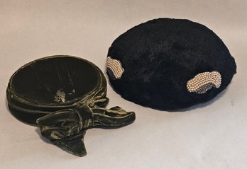 THE CUTEST Midcentury Green Velvet Mini Pillbox Juliette Hat And Black Juliette With Beaded Accents