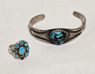 Navajo Silver And Turquoise Cuff Bracelet And Ring