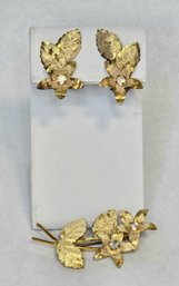 Gold Tone Leaf With Aurora Borealis West Germany Signed Floral Brooch And Earrings