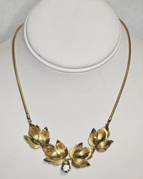 Midcentury Gold Tone Leaves And Rhinestone Necklace