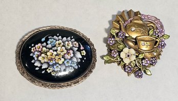 Vintage Painted Floral Brooch And Teatime Brooch