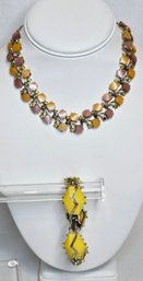 Midcentury Thermoset Tulip And Rhinestone Necklace And Yellow Bracelet