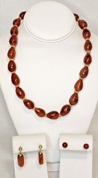 Carnelian Beaded Necklace And Pierced Earrings