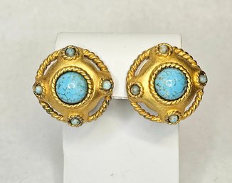 Signed Turquoise And Gold Tone Vintage Clip On Earrings