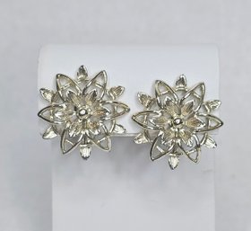 Vintage Sarah Coventry Clip On Flower Silver Tone Earrings