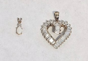 Sterling Silver Gold Tone Heart With Rhinestones And Opal Pendants