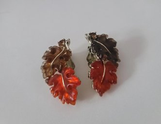 Very Sought After! Vintage 60s Lisner Thermoset And Czech Rhinestone Oak Leaf Earrings Excellent Condition