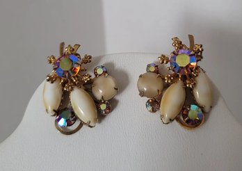 Just Lovely! Vintage Beau Jewels Caramel Moonstone, Art Glass And Pink AB Crystal Rhinestone Earrings Perfect!