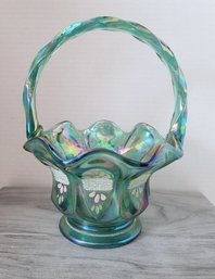 STUNNING! Vintage 80s Fenton Green Carnival Art Glass Textured Flowers Hand Painted And Signed Basket With...