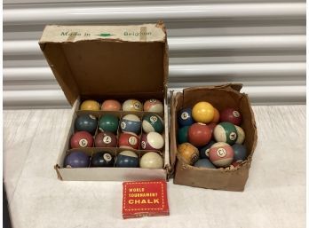 Made In Belgium Billiard Balls And Box Full Of Vintage Billiard Balls