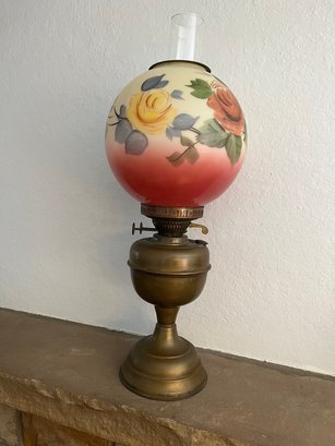 Vintage 1960 Reproduction Of Brass Oil Lamp And Victorian Roses Globe