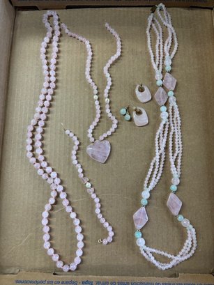 6 Pc Set- Rose Quartz Necklace, Earring And Bracelet Set