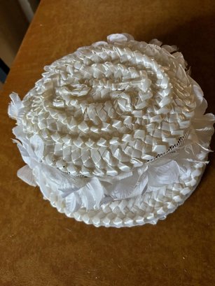Vintage Women's Straw Hat White With Silk Flowers
