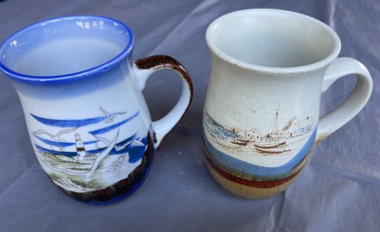 2 Vintage Japanese Mugs With Seaside Scenes