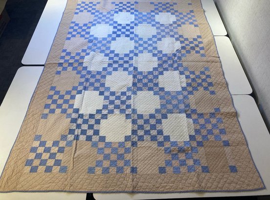 Double Irish Chain Vintage Tan, Blue And White Quilt