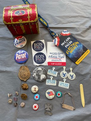 Political Badges, Pins, And Vintage Tin