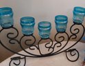 Blue Glass  Candle  Center Piece  With Wrought Iron  Base