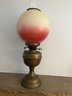 Vintage 1960 Reproduction Of Brass Oil Lamp And Victorian Roses Globe